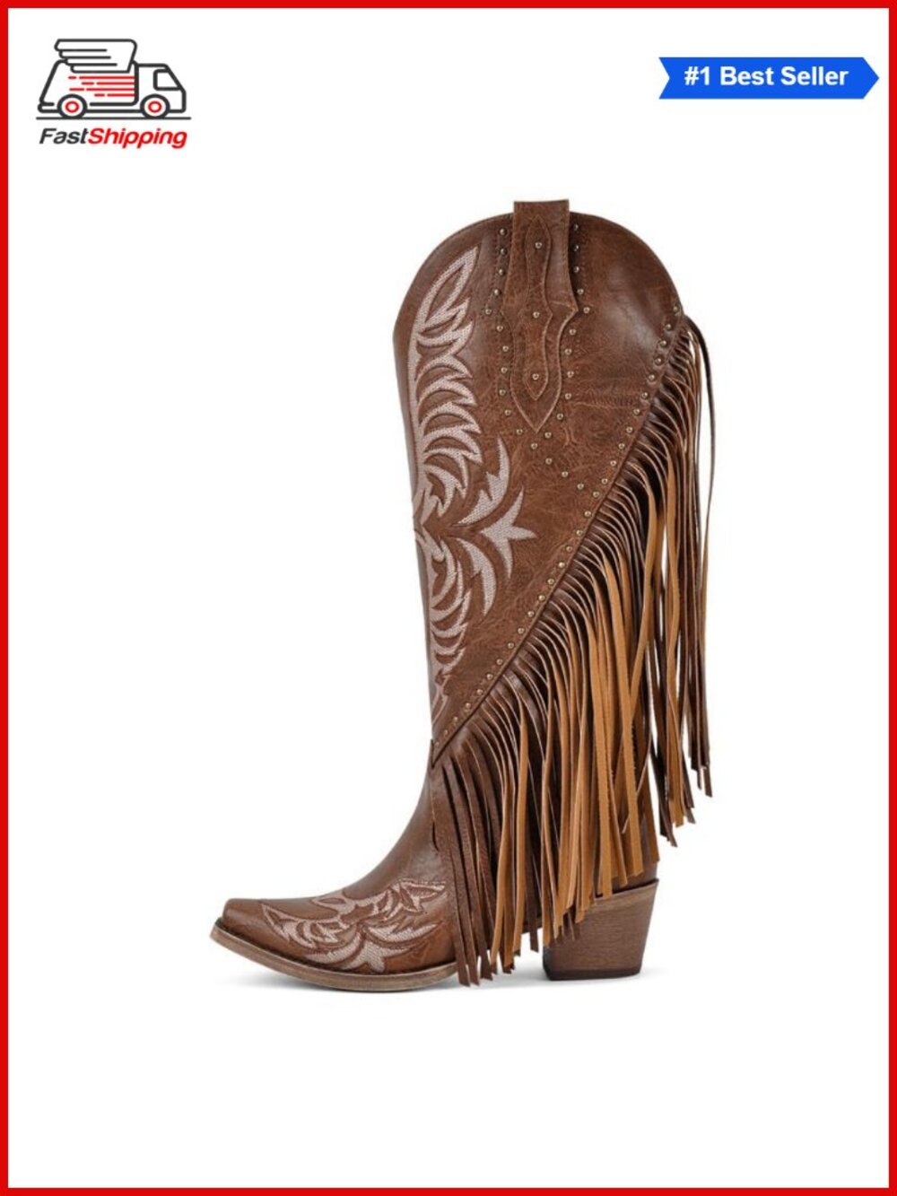 ✨ Faux Leather Wide Calf Knee High Western Boots Fringe Block Heel Zip Cowgirl